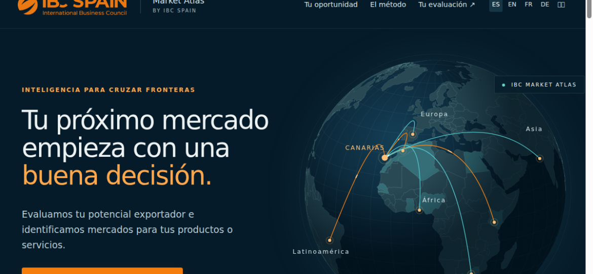 Página de inicio de IBC Market Atlas con el globo terráqueo y las conexiones desde Canarias